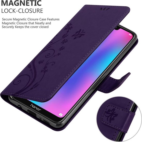 Cadorabo Hoesje geschikt voor Honor 8C in BLOEMEN DONKER PAARS - Beschermhoes in bloemmotief met magnetische sluiting, standfunctie en kaartsleuven Book Case Cover Etui