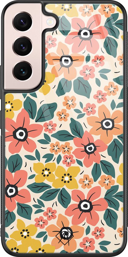 Coque en verre Samsung Galaxy S22 - Blossom - Multi - Hard Case Zwart - Coque arrière pour téléphone - Fleurs - Casimoda