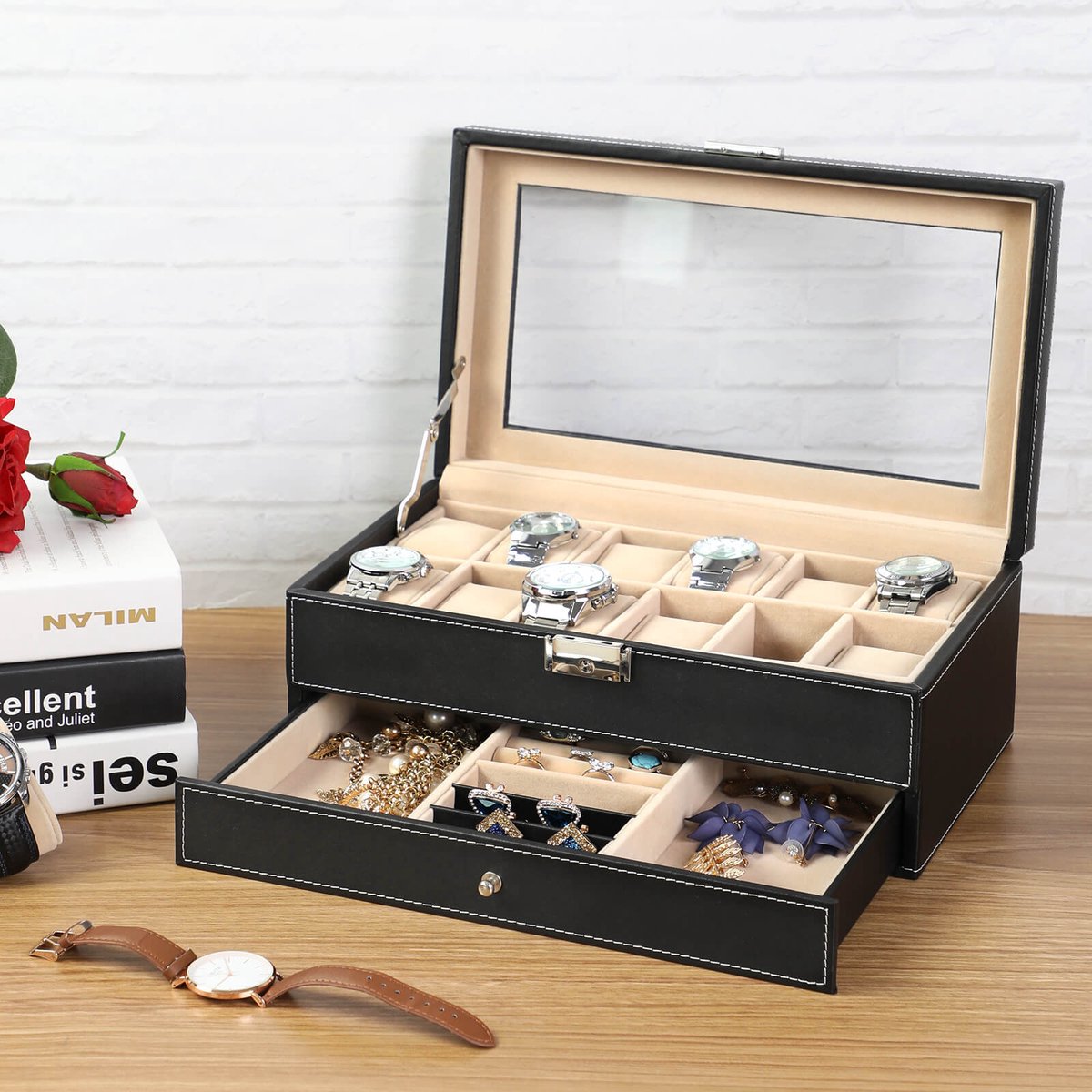 Horlogebox - juwelendoos - met lade - Voor 12 horloges - Met sieradenvak - glazen deksel - Zwart