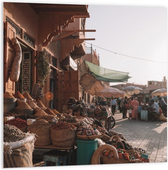 WallClassics - PVC Schuimplaat - Markt in Marrakesh - Marokko - 100x100 cm Foto op PVC Schuimplaat (Met Ophangsysteem)