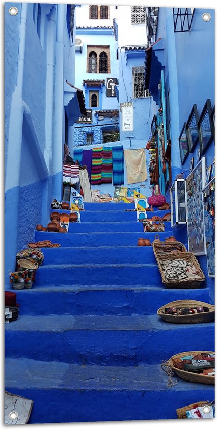 WallClassics - Tuinposter – Kunst op Straat - Marokko - 50x100 cm Foto op Tuinposter (wanddecoratie voor buiten en binnen)