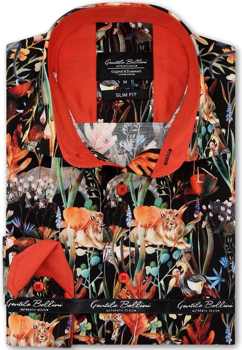 Heren Overhemd - Slim Fit - Jungle Print - Zwart - Maat 3XL
