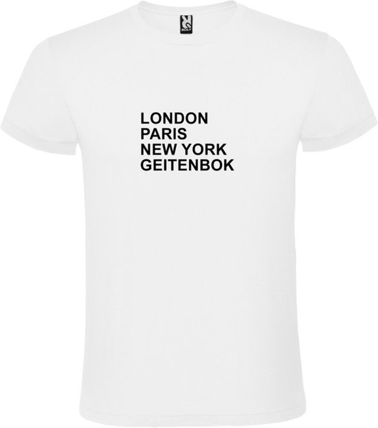 wit T-Shirt met London,Paris, New York , Geitenbok tekst Zwart Size S