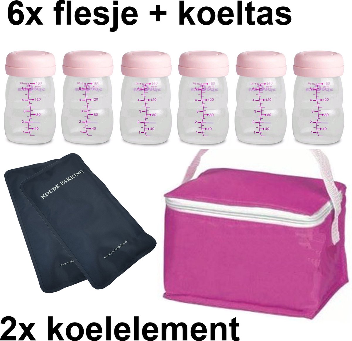 Moedermelk flesjes - 6 x 160ml - met roze koeltasje en koelelementen - borstvoeding flesjes - BPA vrij