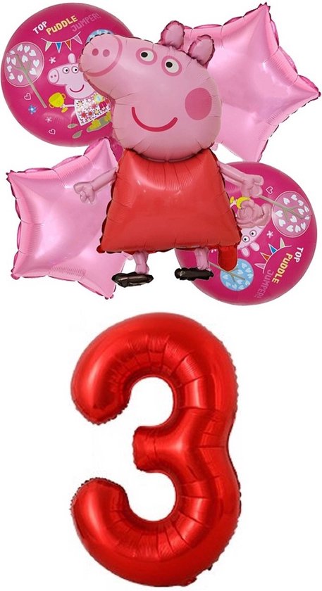 Peppa Pig ballonnen set verjaardag 3 jaar - folie ballon - 6 delig