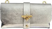 Zilveren Schoudertas Bee Metallic - Metalic Leer - Crossbodytas - Gouden Ketting hengsel + bijen Gesp - Glamour Bags - Zilver
