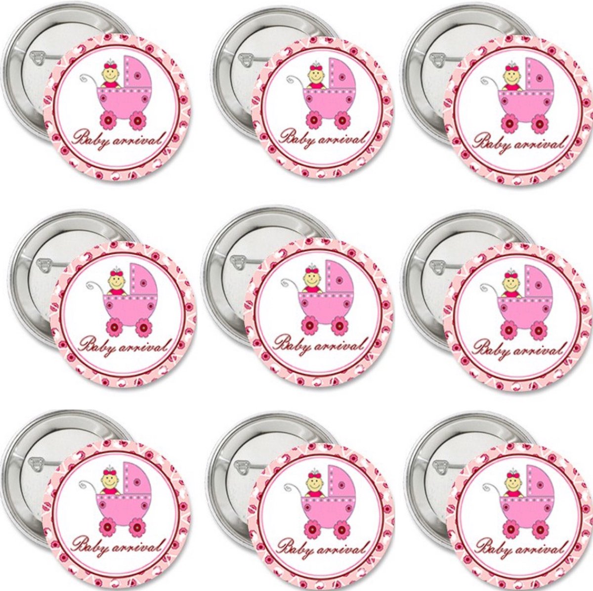 9 Buttons Baby Arrival roze - button - baby - geboorte - zwanger - babyshower - genderreveal