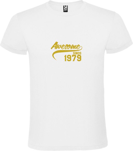 Wit T-Shirt met “Awesome sinds 1979 “ Afbeelding Goud Size XS