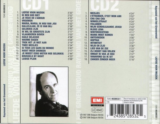 CD-hoes met Raymond van het Groenewoud, tracklijsten voor CD1 en CD2. Tekst: Liefde voor muziek.