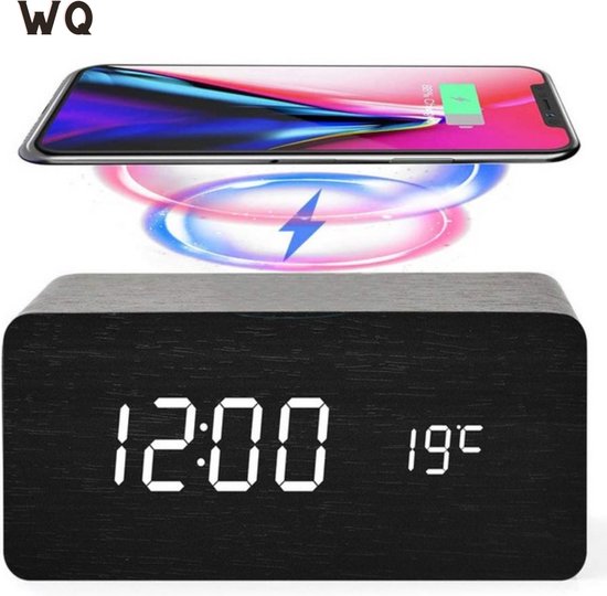 Digitale wekker Met Draadloze Oplader Qi charger Datum en tijd Zwart
