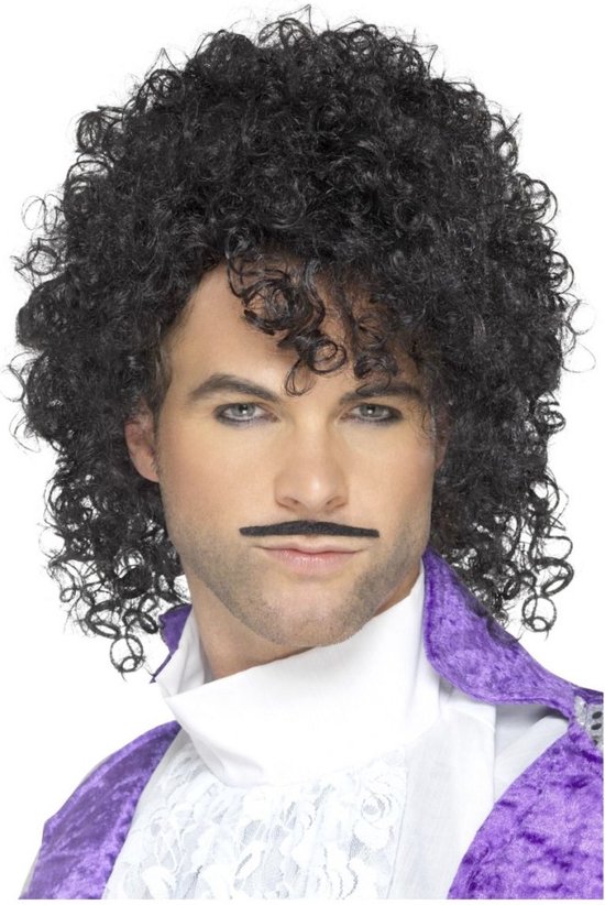 Smiffys - 80s Purple Musician Pruik en Snor - Zwart