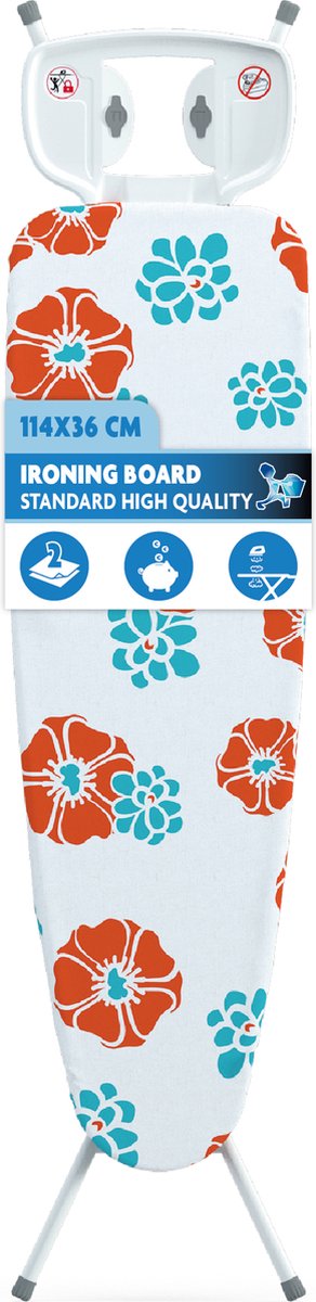 LaundrySpecialist Strijkplank met strijkijzerplateau ‘Bloemen’ - 114 x 36 cm - Compleet en uitklapbare strijkplank - Geïntegreerd kinderslot