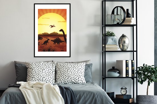 Affiche dans cadre photo enfant - Dino - Soleil - Nature - Dessin - Enfants - Garçons - Décoration murale chambre d'enfant - Décoration murale garçons - 60x90 cm - Décoration Kinder