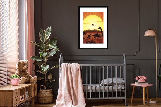 Affiche dans cadre photo enfant - Dino - Soleil - Nature - Dessin - Enfants - Garçons - Décoration murale chambre d'enfant - Décoration murale garçons - 60x90 cm - Décoration Kinder