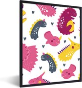 Poster in fotolijst kind - Dino - Patronen - Kind - Roze - Meisjes - Wanddecoratie meisjes - Decoratie voor kinderkamers - 60x80 cm - Slaapkamer decoratie