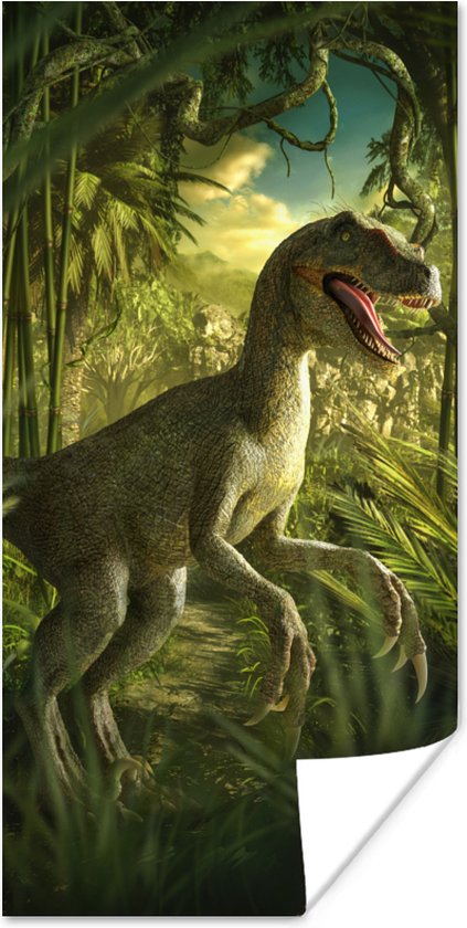 Poster kids - Dinosaurus - Planten - Groen - Illustratie - Kinderen - Jongens - Poster kinderkamer -80x160 cm - Kinderkamer decoratie - Muurdecoratie - Verjaardag cadeau tiener