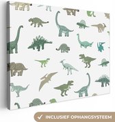 Canvasdoek kinderen - Wanddecoratie kinderkamers - Dino's - Patroon - Groen - Wit - Kinderen - Wanddecoratie jongens - Wanddecoratie meisjes - Canvas schilderij dino - 120x90 cm