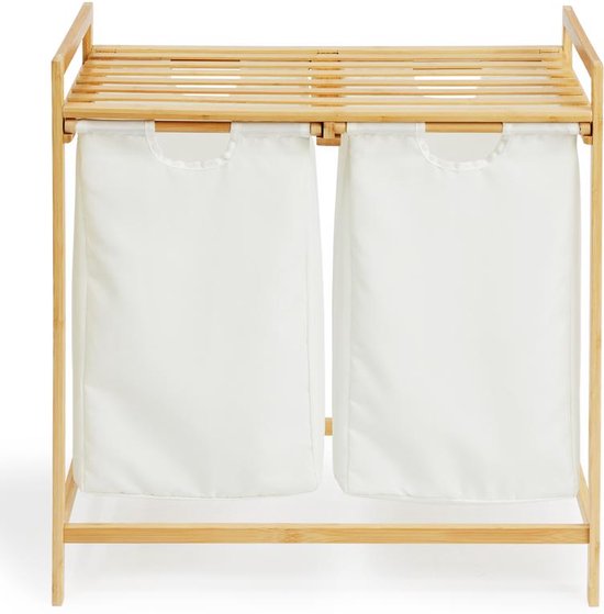 Bamboe rek met wasmanden - 30L - Wassorteerder - 2 vakken - Hout - Dubbele wasmand