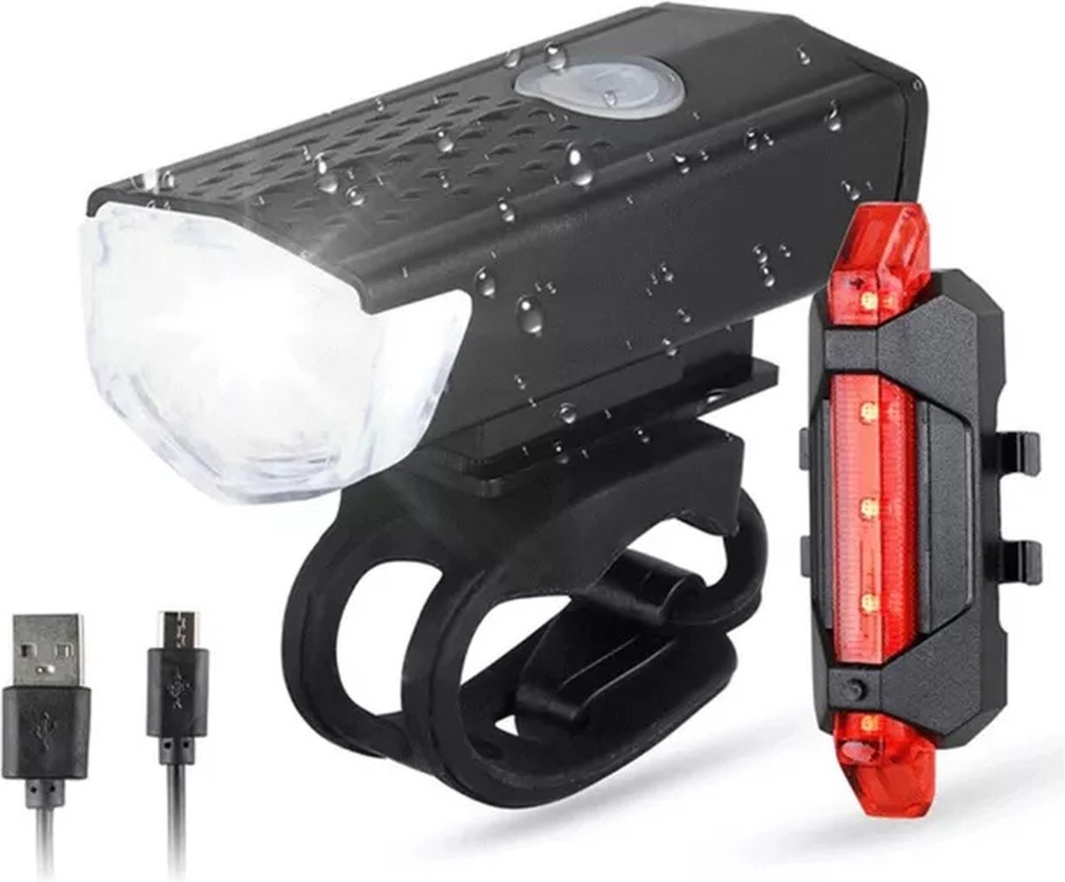 Bikelights- Fietsverlichting Set - Oplaadbare USB Led Fietslamp - Voor en Achter - Waterdicht - 4 Lichtstanden - Zwart
