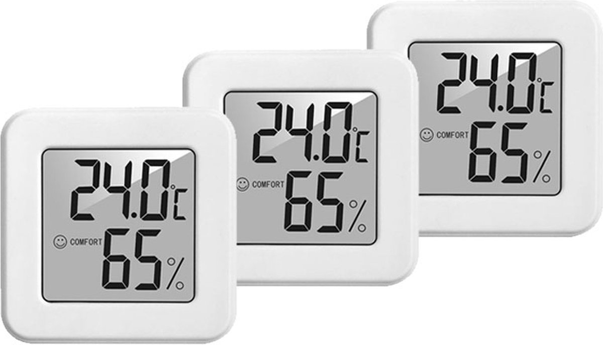 WiseGoods Luxe Hygrometer Binnen - Thermometer & Luchtvochtigheidsmeter - Wonen - Temperatuurmeter - Incl Batterij - Wit 3 stuks