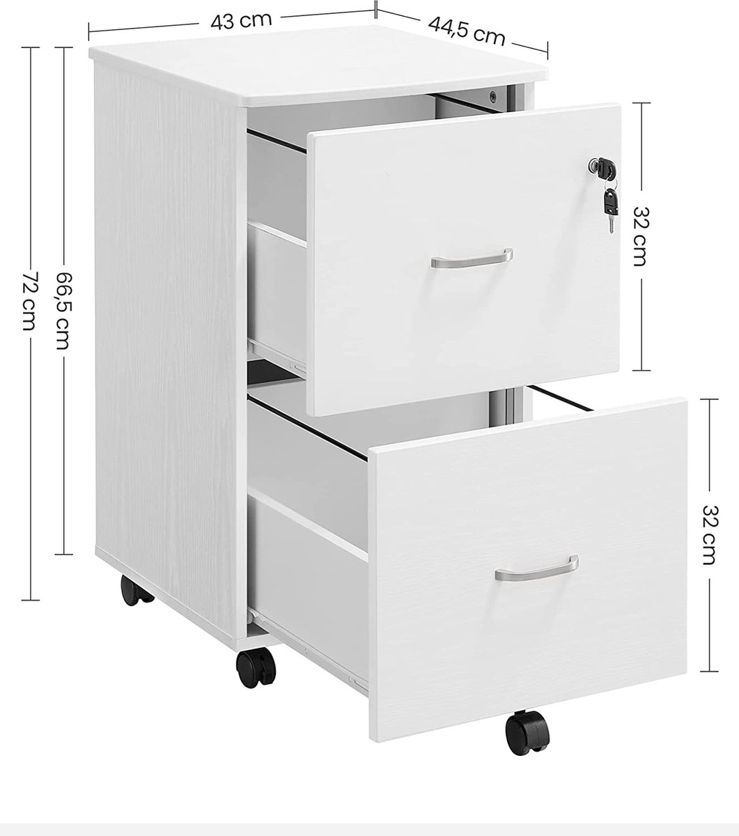 Rolcontainer met slot en laden, afsluitbare archiefkast met verstelbare hangmappen, wit