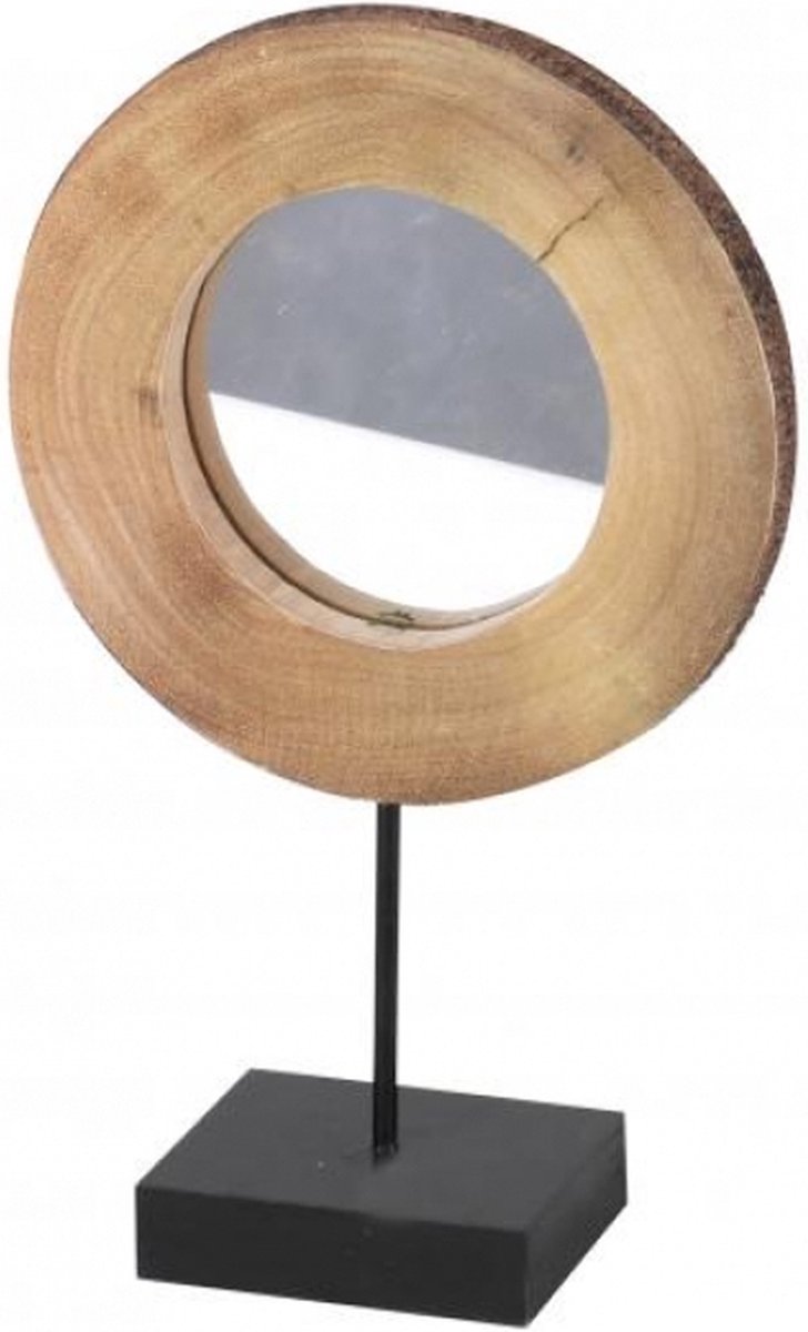 "NATURAL LIVING" Spiegel in houtschijf met zwarte metalen voet – klein model - D19cm