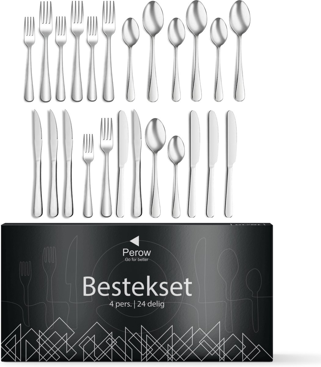 Perow 4 Persoons Bestekset – 24 Delig – 18/10 Edelstaal – Lepels Messen Vorken & Steakmessen – Vaatwasserbestendig – Zilver - Serviessets