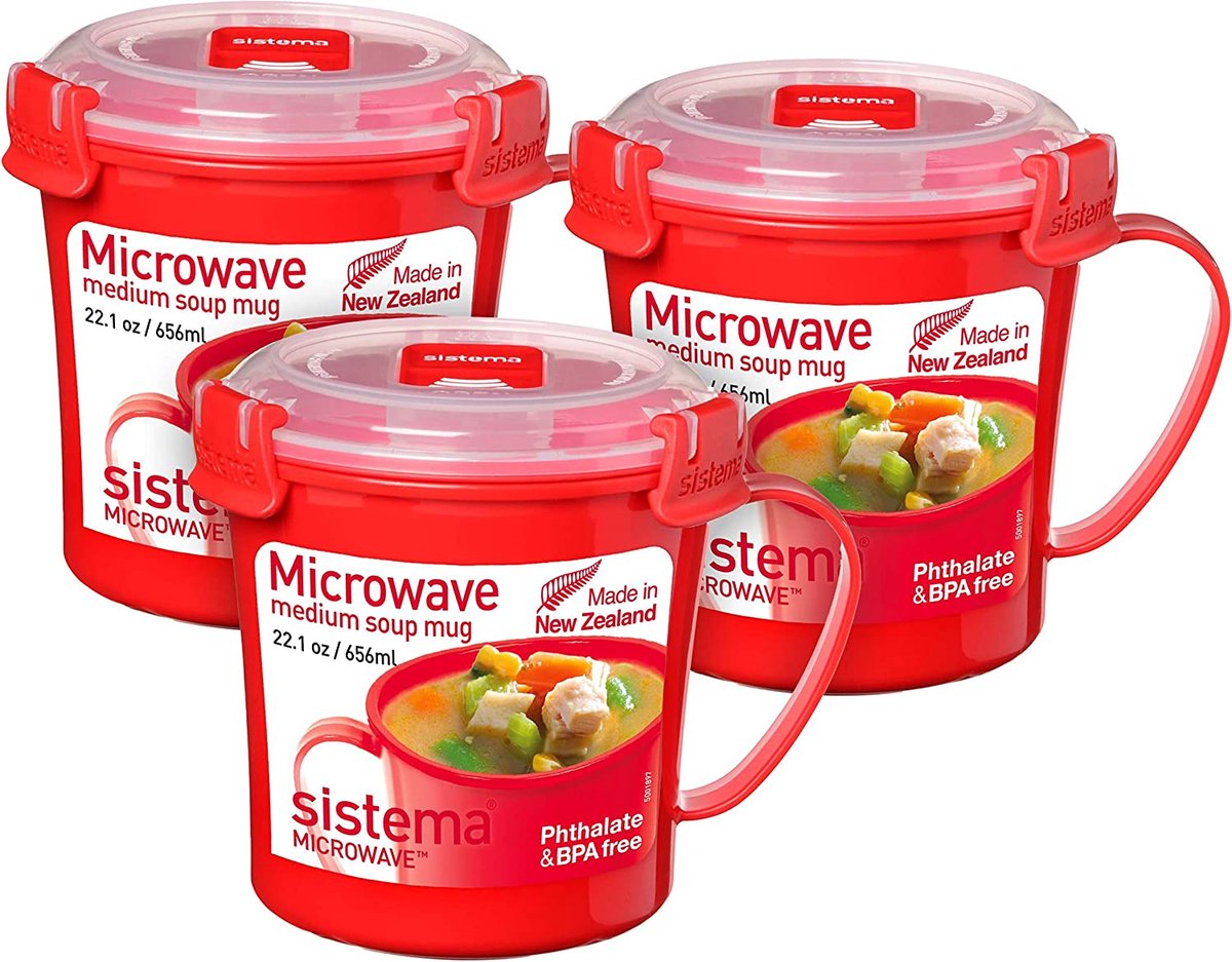 BORZMARKT - Sistema Microwave Soepbekers, middelgroot, microgolfovenhouder, 656 ml, BPA-vrij, rood, 3 stuks