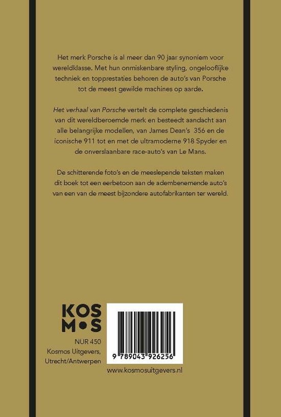 Achterkant van een boek met tekst over het merk Porsche en een barcode.