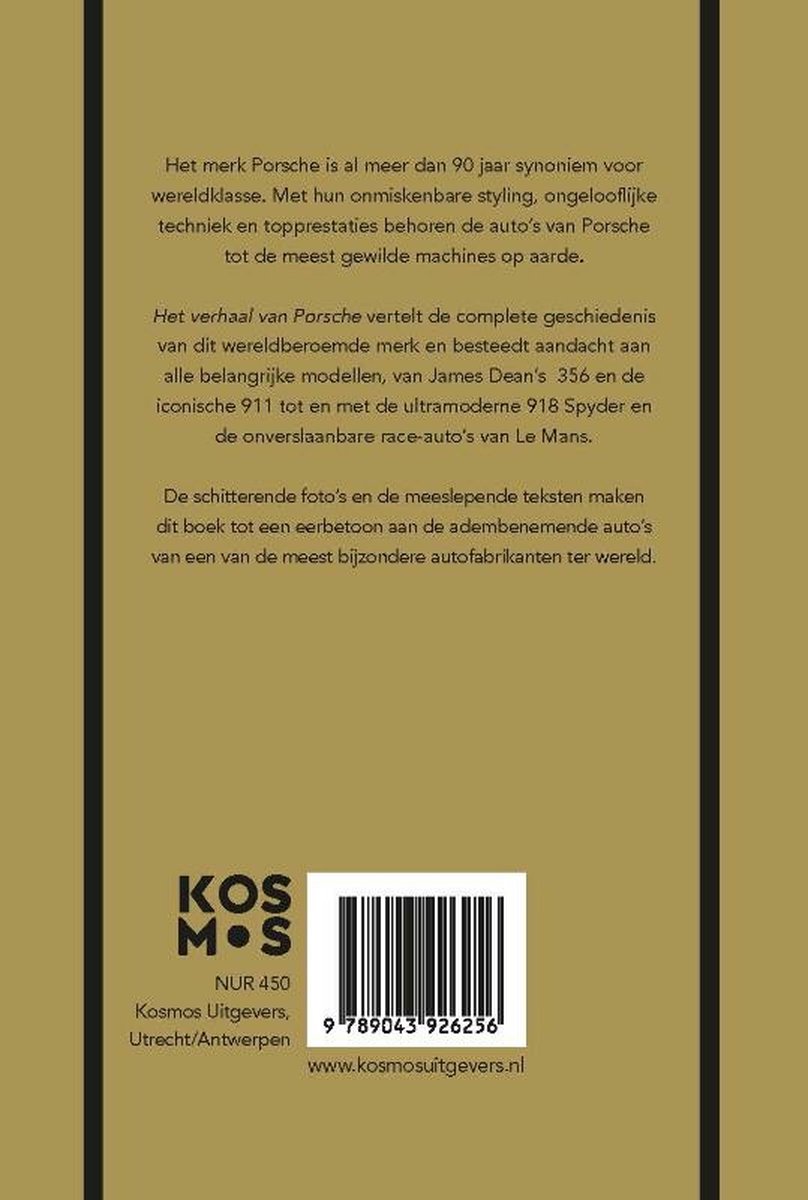 Achterkant van een boek met tekst over het merk Porsche en een barcode.