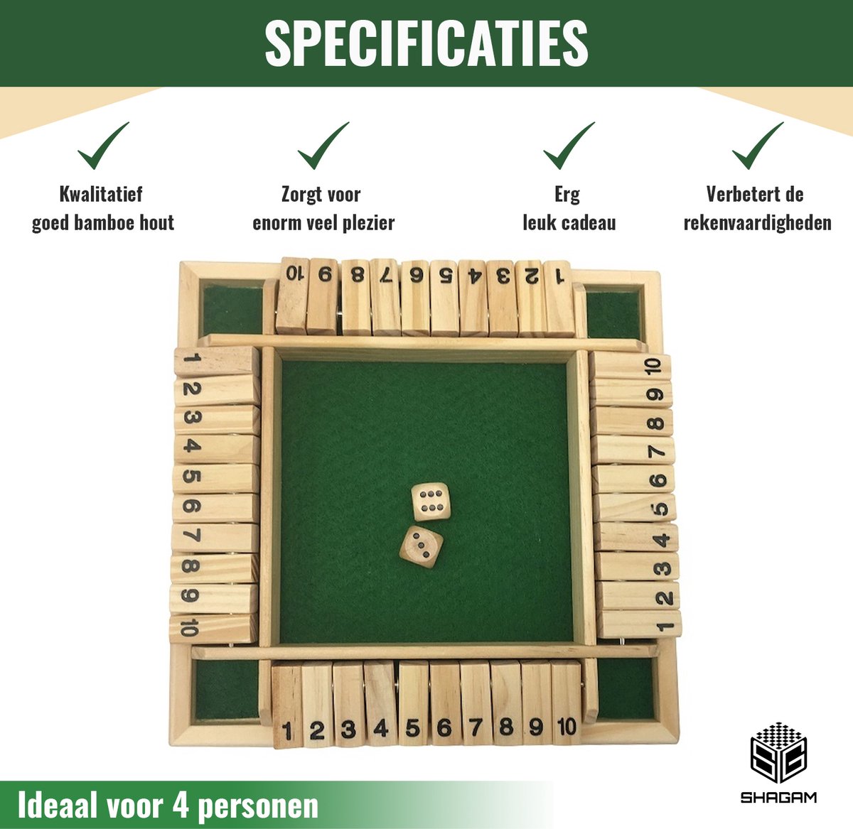 Shut The Box - Gioco Da Tavolo In Legno Classico - 4 Giocatori - Dadi Inclusi - Per Famiglie E Bambini 4+ Anni