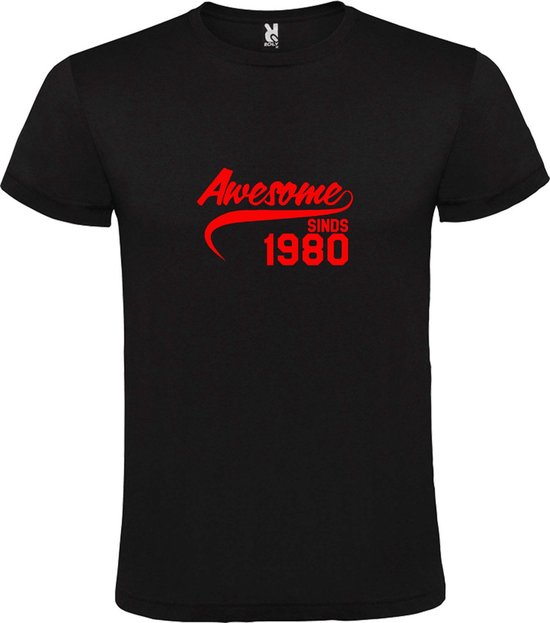 Zwart T-Shirt met “Awesome sinds 1980 “ Afbeelding Rood Size XS