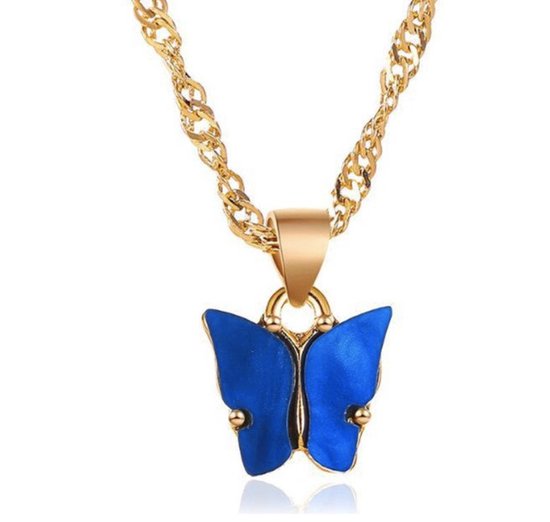 Kinder ketting - vlinder - goudkleurig - blauw - cadeau voor meisje - Liefs Jade