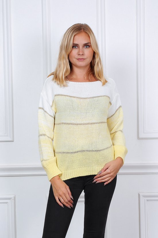 Gebreide trui dames - twee kleuren - wit en geel - kleurenblok - lange mouwen - one size (34-38)