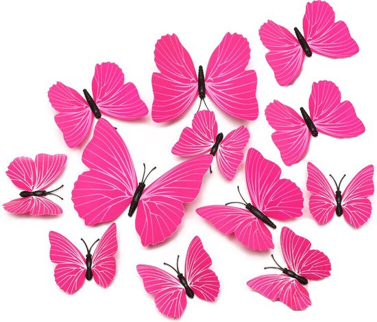 Muurvlinders - Vlinders - Set - 12stuks - Muurdecoratie - 2D vlinders - Roze - Muur aankleding - Decoratie - Muurstickers