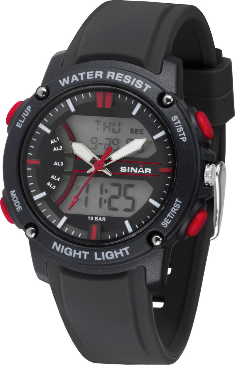 SINAR - Horloge Heren - Digitaal & Analoog - Waterdicht - Stopwatch - 5 alarmen - Tweede Tijdzone - Verlichting - Stevig Siliconen Bandje - Verstelbaar (14,5 - 21 cm) - Zwart / Rood - XW-27-1