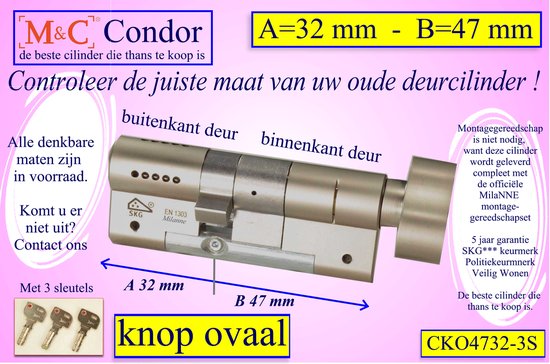 M&C Condor high security deurcilinder met Knop OVAAL 47x32 mm - SKG*** - Politiekeurmerk Veilig Wonen - inclusief MilaNNE gereedschap montageset