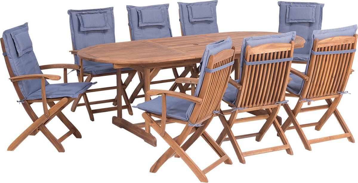 MAUI - Tuinset voor 8 - Lichte houtkleur/Blauw - Acaciahout