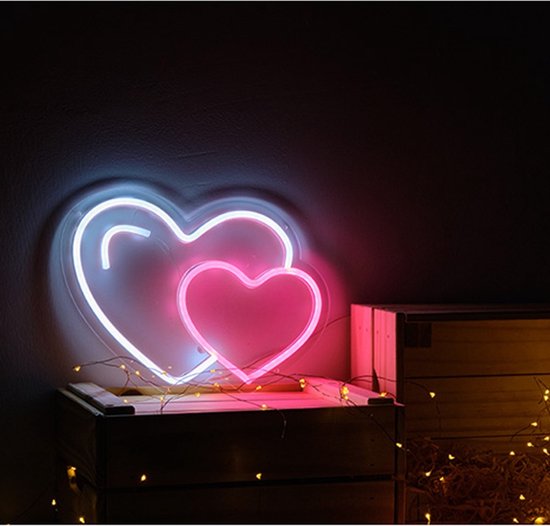 OHNO Neon Verlichting Double Heart - Neon Lamp - Wandlamp - Decoratie - Led - Verlichting - Lamp - Nachtlampje - Mancave - Neon Party - Wandecoratie woonkamer - Wandlamp binnen - Lampen - Neon - Led Verlichting - Blauw, Roze