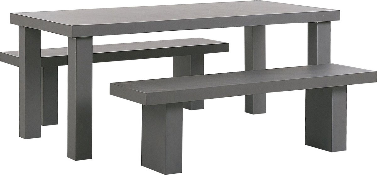 Moderne grijze vezelcement tuinset met 2 banken voor 4 personen.