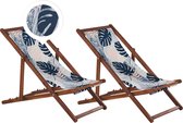 ANZIO - Strandstoel set van 2 - Donkerhout/Palm/Blauw - Polyester