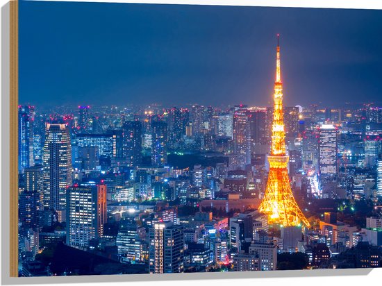 Hout - Skyline in Tokio met Verlichte Tokiotoren - 80x60 cm - 9 mm dik - Foto op Hout (Met Ophangsysteem)