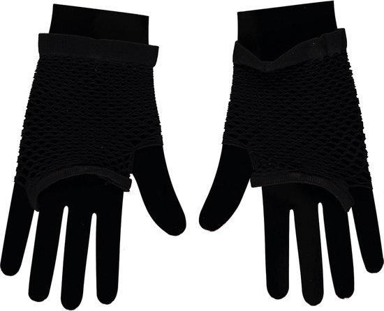 Apollo - Visnet handschoenen - Korte handschoenen - Zwart - One Size - Kanten handschoenen - Neon verkleedkleding - Feestkleding - Carnaval