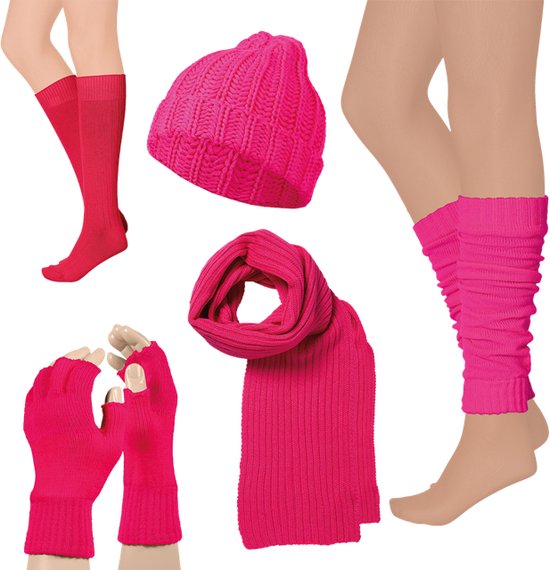 Apollo - Carnaval Voordeelpakket Neon Roze - Muts - Sjaal - Sokken - Beenwarmers - Vingerloze handschoenen - 5 stuks - Carnavalskleding