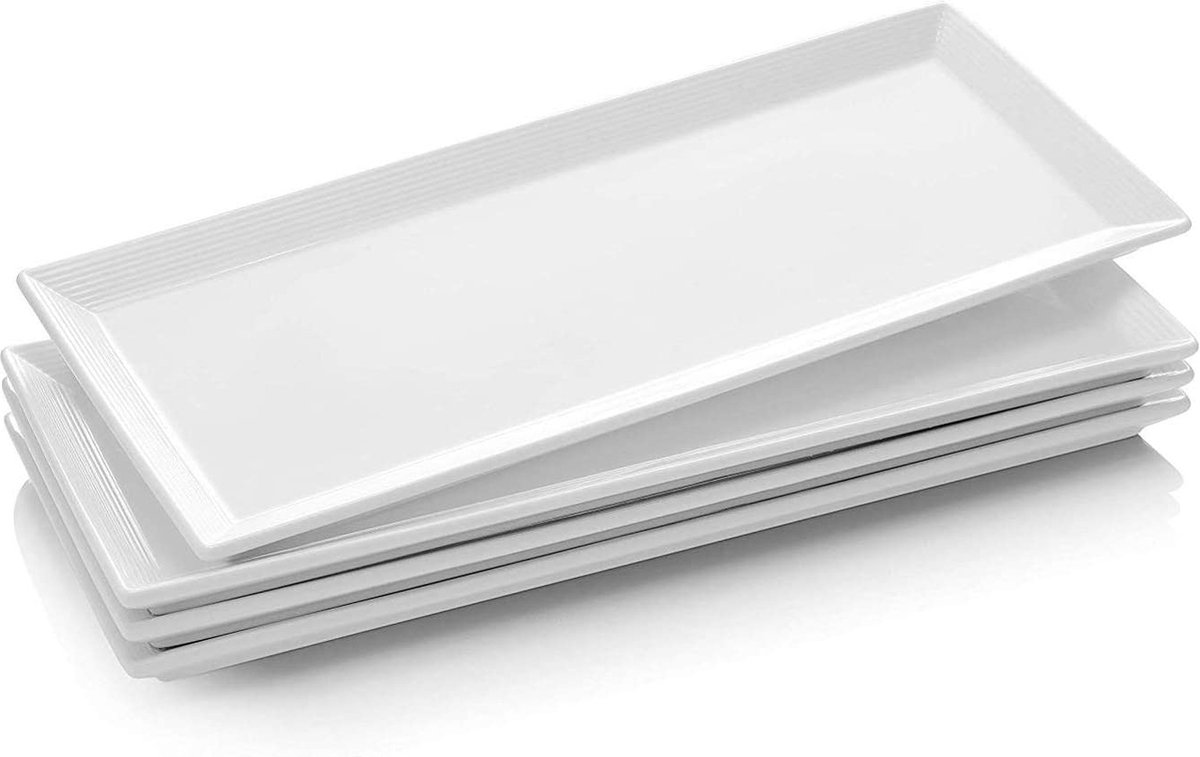 DOWAN Porseleinen dinerborden, 37 (L) x 15 (B) cm grote rechthoekige borden serveerschalen - 4 stuks, wit