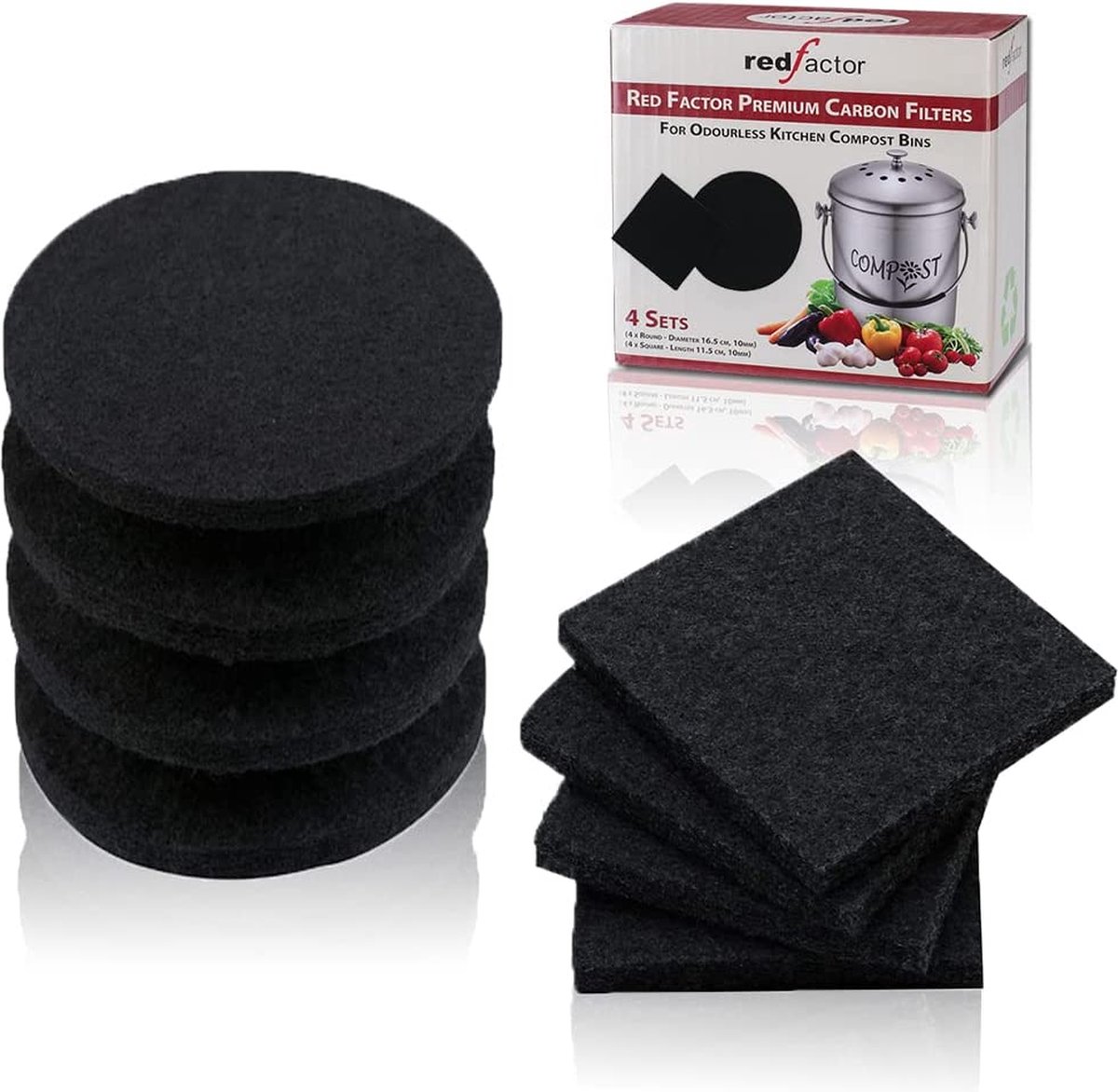 RED FACTOR Extra dikke actieve koolkoolstoffilters voor geurloze keukencompostbakken - Pack van 8 (4 rond, 4 vierkant)