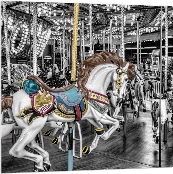 Acrylglas - Sierlijk Paard in Carrousel - 100x100 cm Foto op Acrylglas (Met Ophangsysteem)