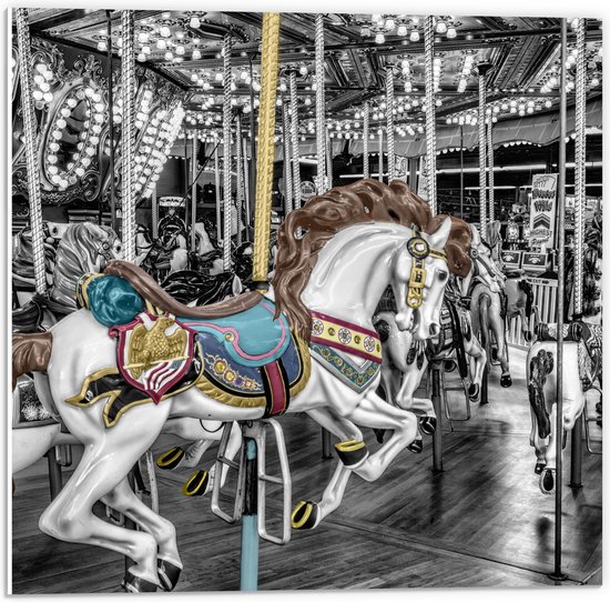 PVC Schuimplaat - Sierlijk Paard in Carrousel - 50x50 cm Foto op PVC Schuimplaat (Met Ophangsysteem)