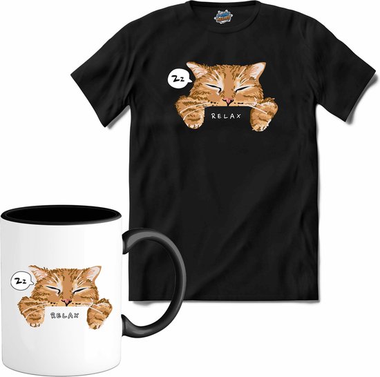 Relax Cat | Katten - Kat - Cats - T-Shirt met mok - Unisex - Zwart - Maat 4XL