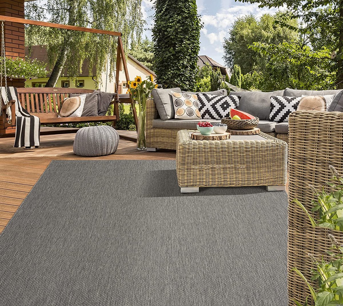 Mia´s Teppiche Lara - modern outdoor tapijt, weerbestendig en UV-bestendig, voor balkon, terras en serre, vlak geweven, antraciet, 80 x 150 cm